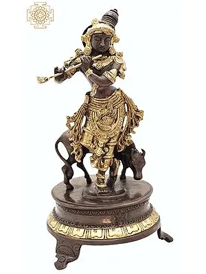 10" Venugopala (Fluting Krishna with His Cow) | Brass | Handmade | Made In India