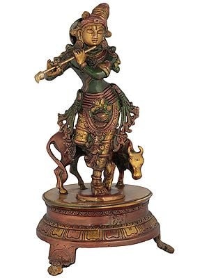 10" Brass Venugopala Idol (Fluting Krishna with His Cow) | Handmade Brass Statue
