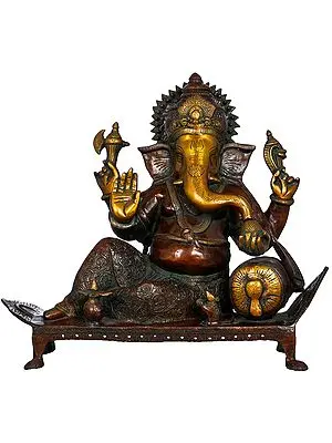 18" Lord Ganesha Seated on Chowki In Brass | Handmade | Made In India