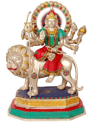 15" Goddess Durga  (Inlay Statue) In Brass | Handmade | Made In India