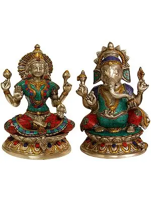9" Lakshmi-Ganesha (Inlay Statues) In Brass | Handmade | Made In India