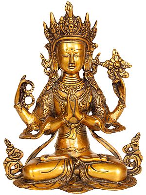 10" Chenrezig Brass Sculpture (Shadakshari Lokeshvara) | Handmade Tibetan Buddhist Deity Idols | Made in India
