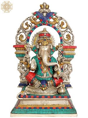 15" Enthroned Ganesha (Inlay Statue) In Brass | Handmade | Made In India