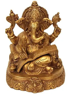 7" Lord Ganesha Scripting the Mahabharata In Brass | Handmade | Made In India