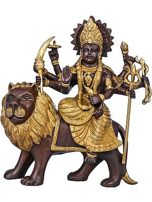 10" Mother Goddess Durga Seated on Lion In Brass | Handmade | Made In India