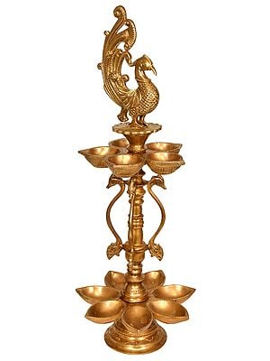 20" Twelve-Wick Peacock Lamp with Stand in Brass | Handmade | Made in India