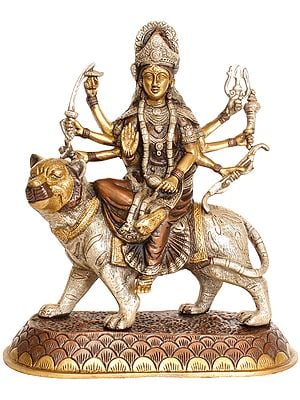 11" Triple Hued Goddess Durga In Brass | Handmade | Made In India