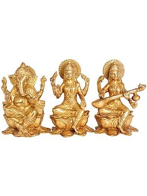 9" Ganesha, Lakshmi and Saraswati In Brass | Handmade | Made In India