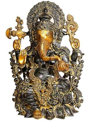 17" Lord Ganesha Seated on Lotus In Brass | Handmade | Made In India