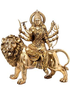 27" Large Size Mother Goddess Durga Seated on Lion | Handmade | Brass | Made In India