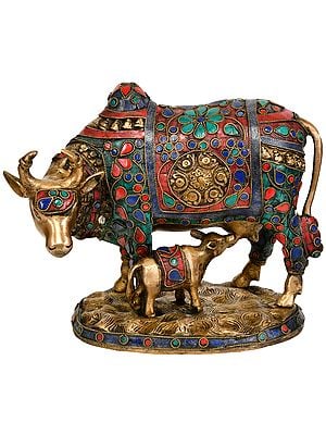 8" Mother Cow Feeding Her Calf | Handmade Brass Sculpture | Made in India