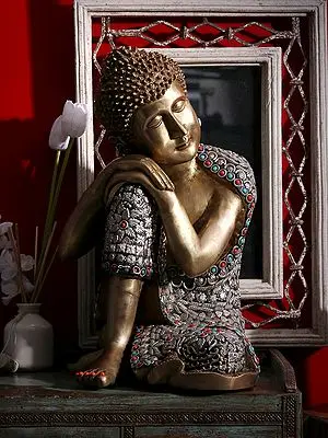 15" Thinking Buddha (Robes Decorated with Dharmachakra and Floral Motifs) In Brass | Handmade | Made In India
