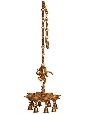 12" Dancing Ganesha Hanging Brass Puja Lamp with Bells | Handmade | Made in India