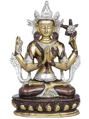 8" Buddhist Deity Chenrezig Brass Statue (Four Armed Avalokiteshvara) | Handmade | Made in India