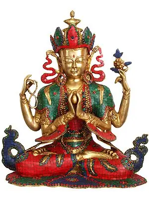 23" Large Size Chenrezig (Four Armed Avalokiteshvara Tibetan Buddhist Deity) In Brass | Handmade | Made In India