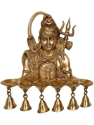 12" Brass Six Wicks Shiva Puja Lamp with Bells | Wall Hanging Diya | Handmade | Made in India