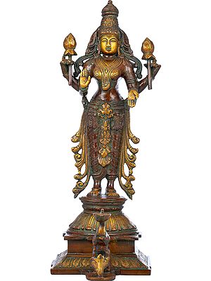 14" Standing Goddess Lakshmi Brass Statue | Handmade | Made in India
