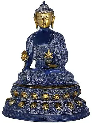 16" Medicine Buddha Seated on Double Lotus (Tibetan Buddhist Deity) In Brass | Handmade | Made In India