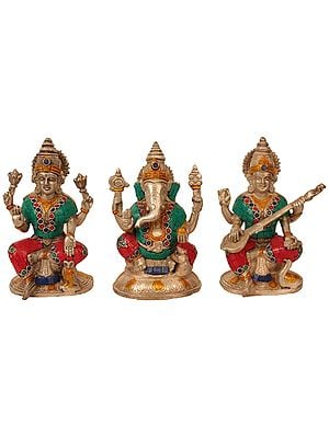 6" Lakshmi Ganesha Saraswati - Set of Three Statues in Brass | Handmade | Made In India