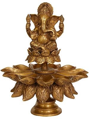 11" Lord Ganesha with Lotus Petal Diyas In Brass | Handmade | Made In India