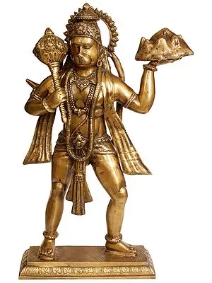 24" Mahabali Hanuman Carrying Mount Dron In Brass | Handmade | Made In India