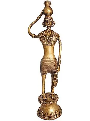 5" Tribal Lady with a Pot in Brass | Handmade | Made in India