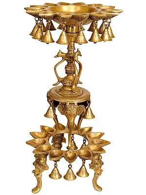 25" Ganesha Lamp with Bells and Legs Shaped Like Elephant Trunks in Brass | Handmade | Made in India