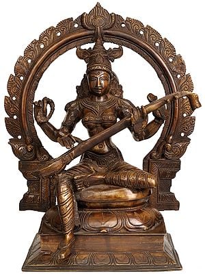 18" Large Size Goddess Saraswati Playing on Veena In Brass | Handmade | Made In India
