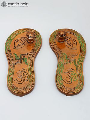 6" Charan Paduka with Auspicious Figure in Brass | Handmade | Made in India