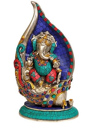 12" Conch Ganesha (Inlay Statue) In Brass | Handmade | Made In India