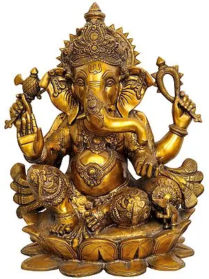 21" Large Size Kamalasana Chaturbhuja Ganesha In Brass | Handmade | Made In India