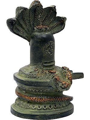 6" Brass Shiva Linga Protected by Serpent, Marked with Om (Aum) and Decorated with Garland