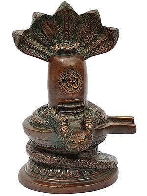 6" Brass Shiva Linga Protected by Serpent, Marked with Om (Aum) and Decorated with Garland