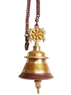 10" Vaishnava Temple Hanging Bell with Lord Vishnu's Conch and Chakra In Brass | Handmade | Made In India