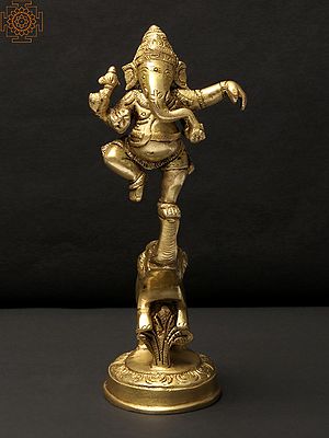6" Lord Ganesha Brass Idol Dancing on an Elephant | Handmade | Made In India