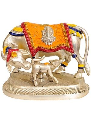 5" Cow and Calf (Saddle Decorated with Lakshmi and Ganesha) In Brass | Handmade | Made In India
