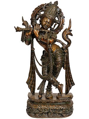 22" Large Sized Shri Krishna Playing on Flute (With Varnish Finished) In Brass | Handmade | Made In India