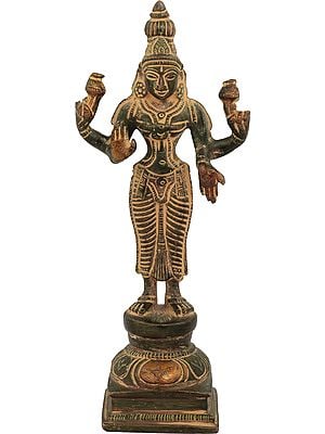 6" Four Armed Standing Lakshmi (Goddess of Wealth and Prosperity) In Brass | Handmade | Made In India