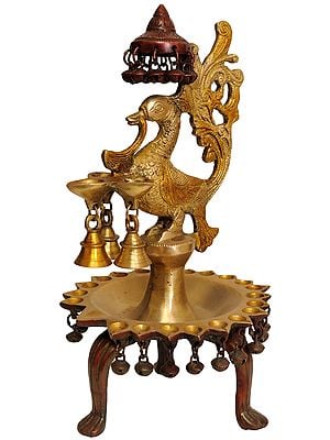 14" Peacock Lamp with Ghungroos and Bells In Brass | Handmade | Made In India