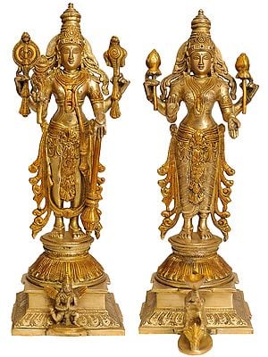 15" Lord Vishnu and Goddess Lakshmi Statue in Brass | Handmade | Made in India