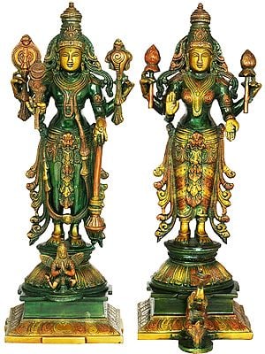 15" Lord Vishnu and Goddess Lakshmi Statue in Brass | Handmade | Made in India