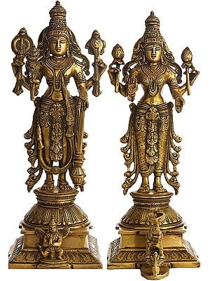 15" Lord Vishnu and Goddess Lakshmi Statue in Brass | Handmade | Made in India