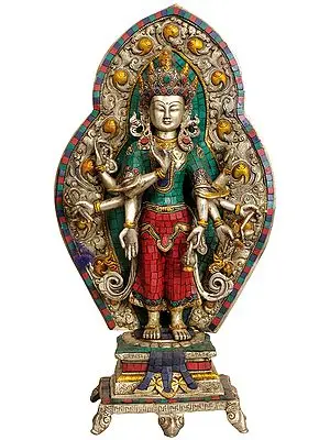20" Large Size Eight Armed Avalokiteshvara with Ornamented Aureole (Tibetan Buddhist Deity) In Brass | Handmade | Made In India