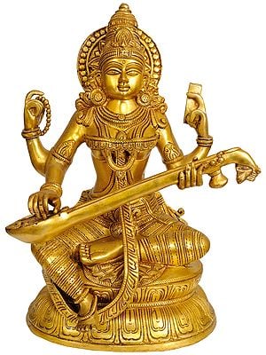 15" Goddess Saraswati Seated on Lotus In Brass | Handmade | Made In India