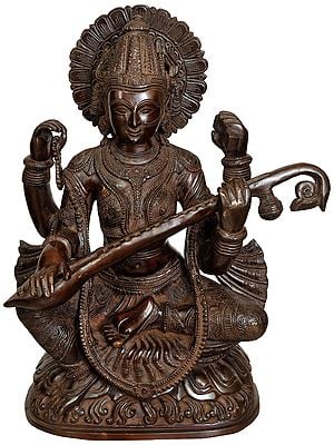 16" Goddess Saraswati Brass Statue | Handmade Idol | Made in India