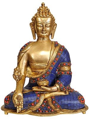 14" Tibetan Buddhist Lapis Buddha of Healing (Inlay Work) In Brass | Handmade | Made In India