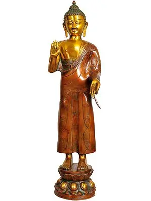 33" Large Size Standing Buddha Granting Abhaya In Brass | Handmade | Made In India