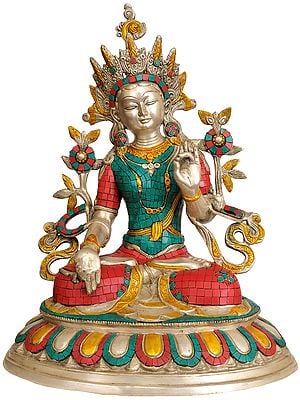 18" Inlay Statue of White Tara (Tibetan Buddhist Deity) | Brass | Handmade | Made In India