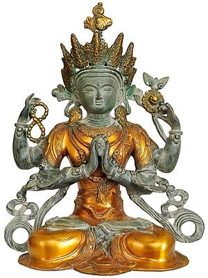 15" Tibetan Buddhist Deity Chenrezig (Shadakshari Lokeshvara) In Brass | Handmade | Made In India
