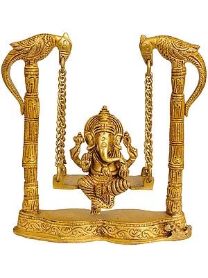 7" Brass Lord Ganesha Statue on a Parrot Swing | Handmade | Made in India